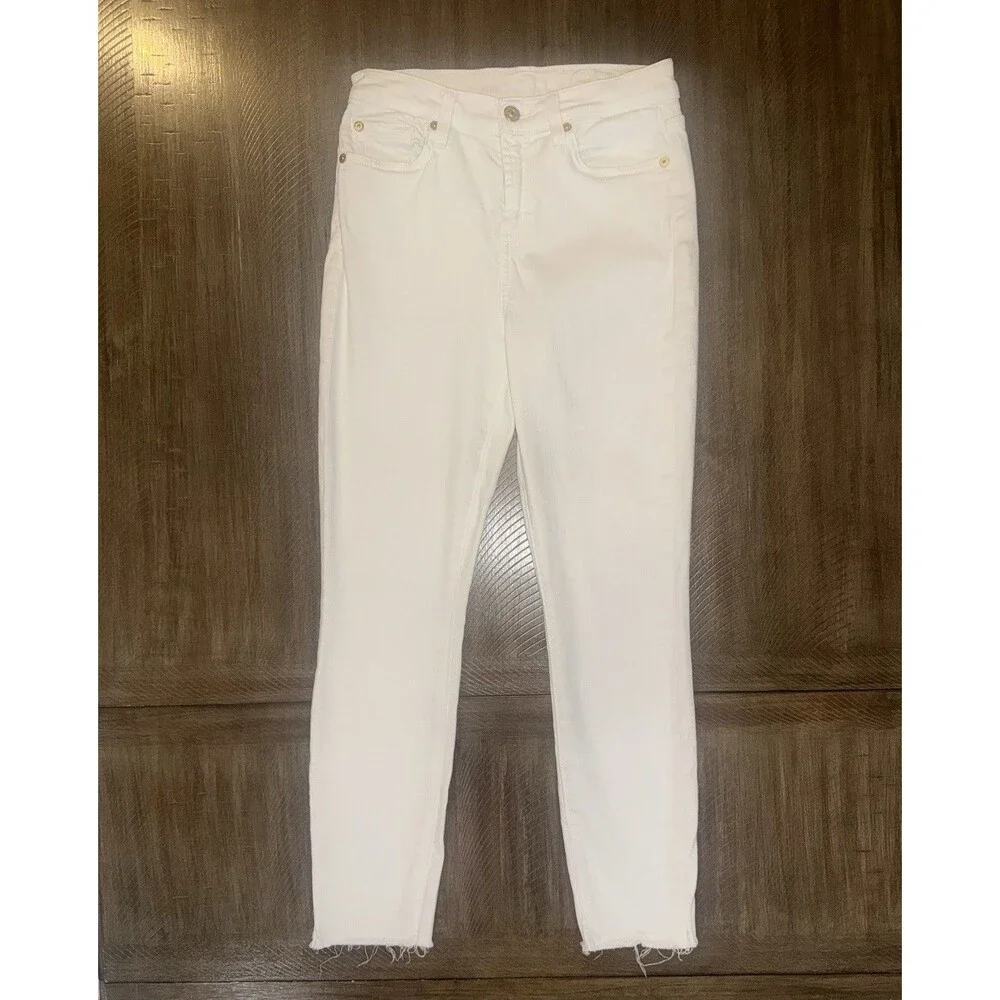 7 Seven For All Mankind High Waist Ankle Skinny Jeans Stretch Raw Hem White 26